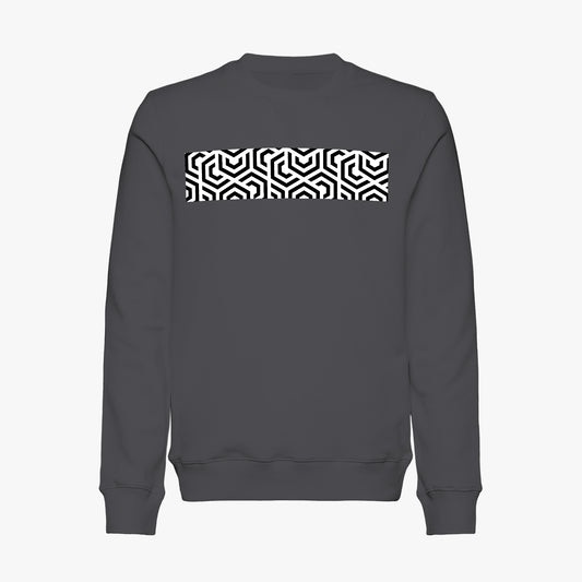 Dark gray sweatshirt with a black and white geometric pattern on a white background