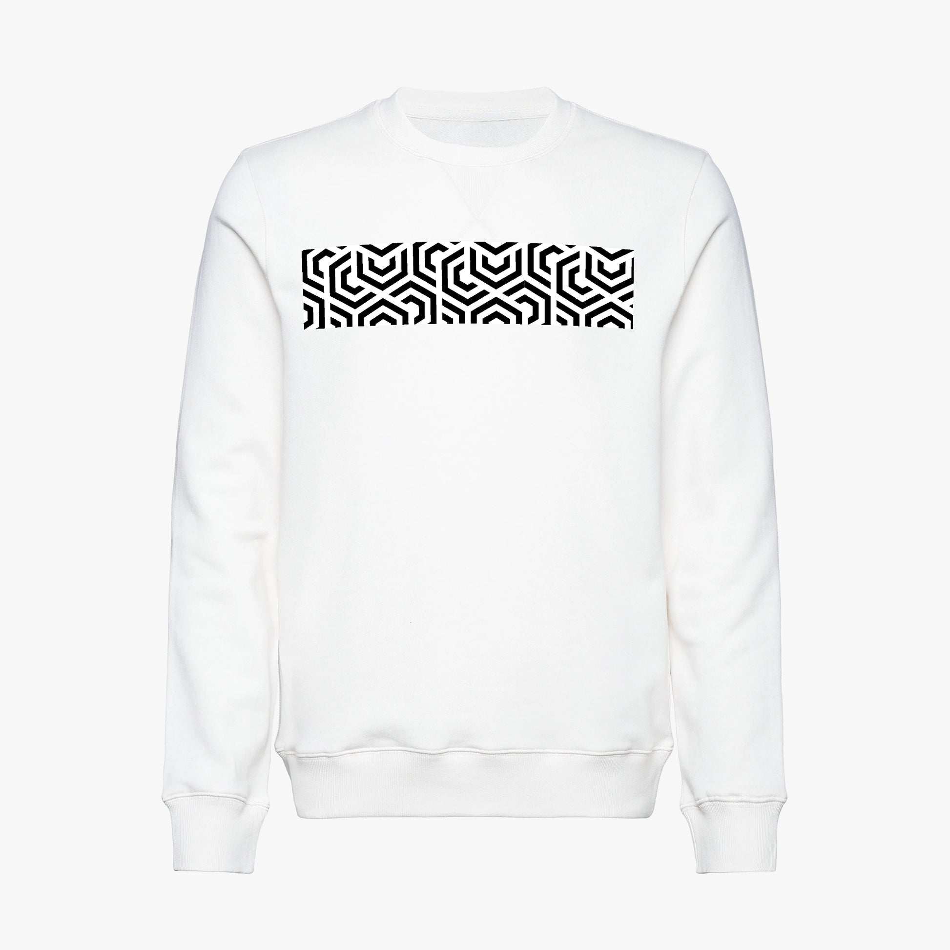 White sweatshirt with a black geometric pattern on the back against a white background