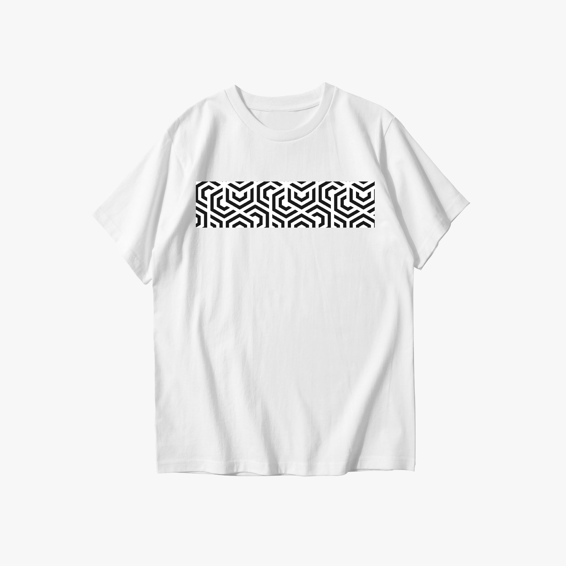 White t-shirt with a black geometric pattern on a white background