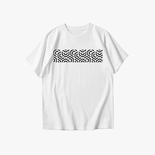 White t-shirt with a black geometric pattern on a white background