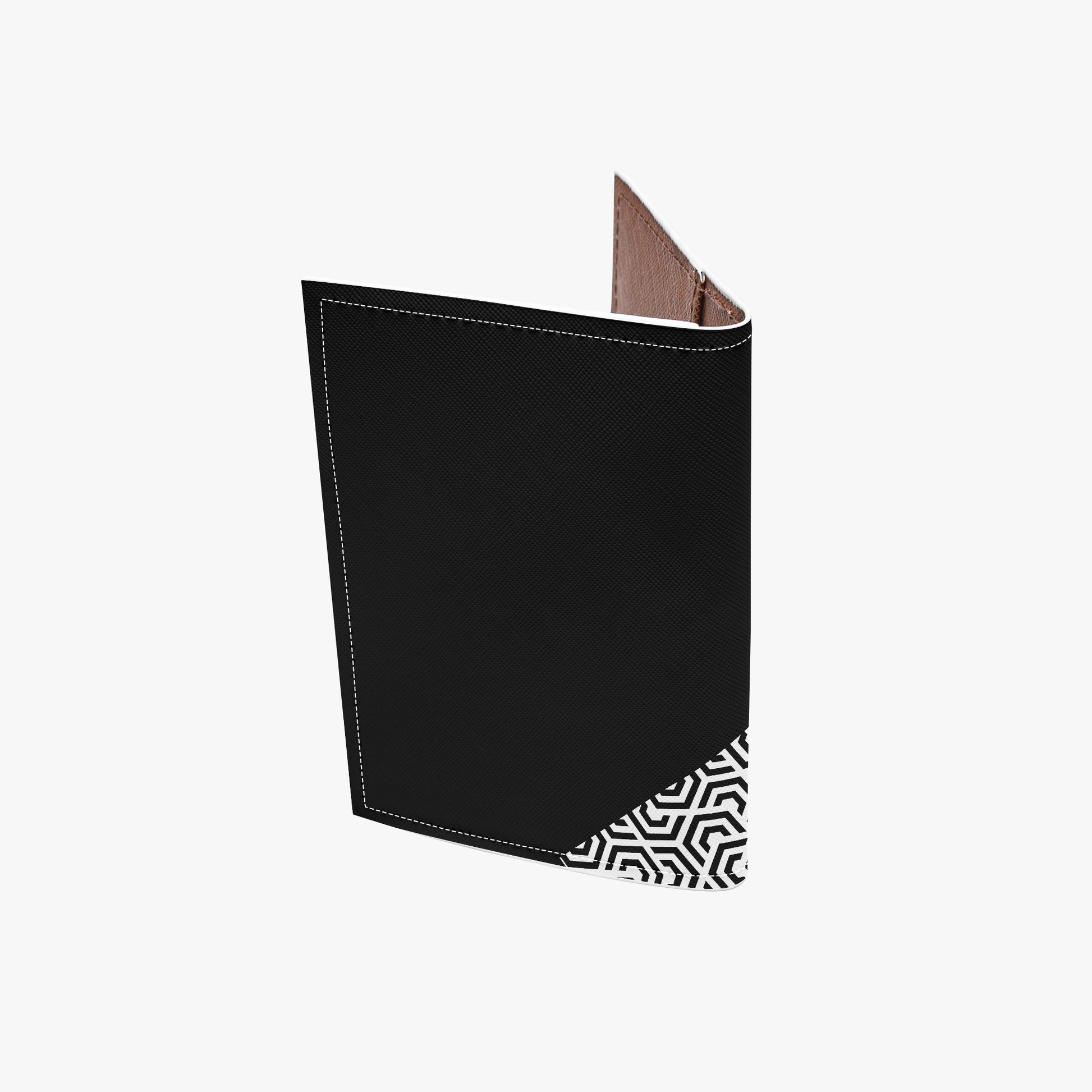 Black menu cover with geometric pattern on a white background