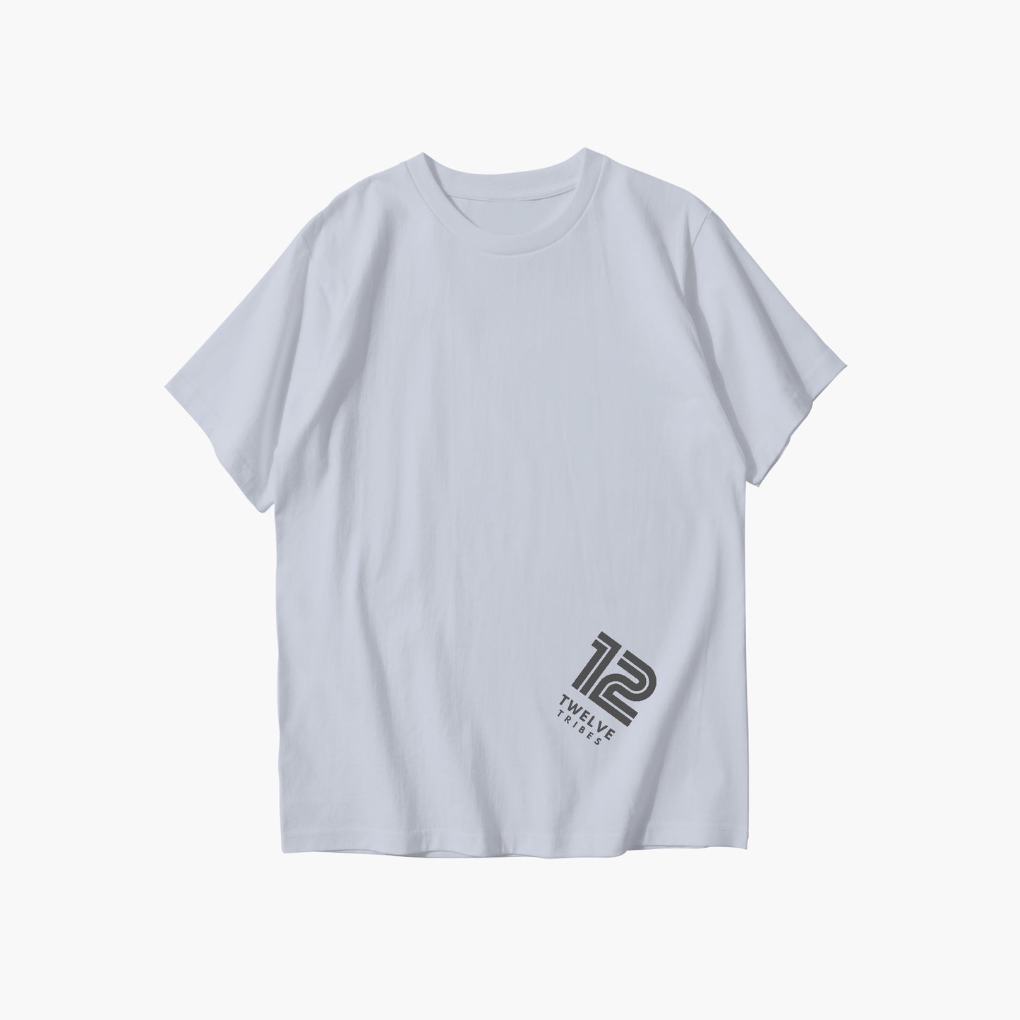 Light gray t-shirt with a logo on a white background