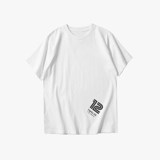White t-shirt with a black logo on a white background