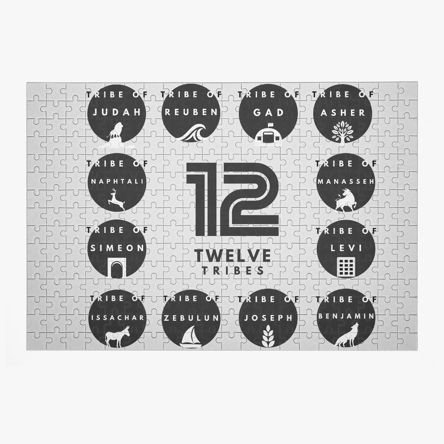 A 300-piece jigsaw puzzle with a design that includes the text '12 Tribes' and circular patterns representing the tribes, placed on a white background.