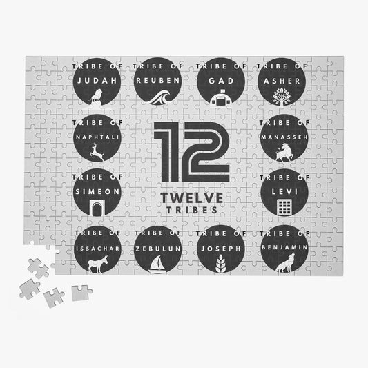 A 300-piece jigsaw puzzle with wooden pieces featuring the names and symbols of the 12 tribes.