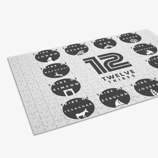 A 300-piece jigsaw puzzle with a design that includes the text '12 Tribes' and circular patterns representing the tribes, placed on a white background.