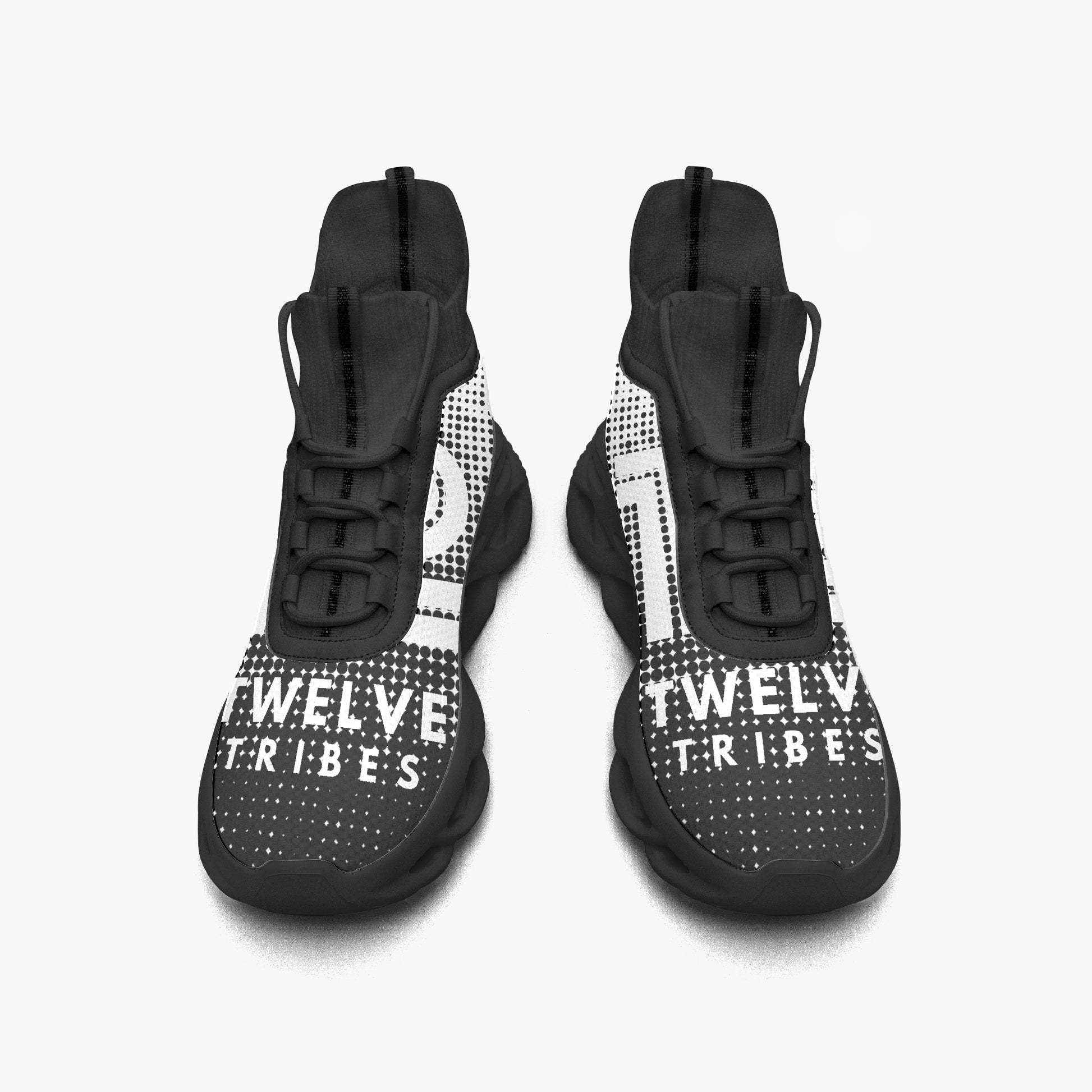 Black and white athletic shoes with 'Twelve Tribes' branding on a light gray background