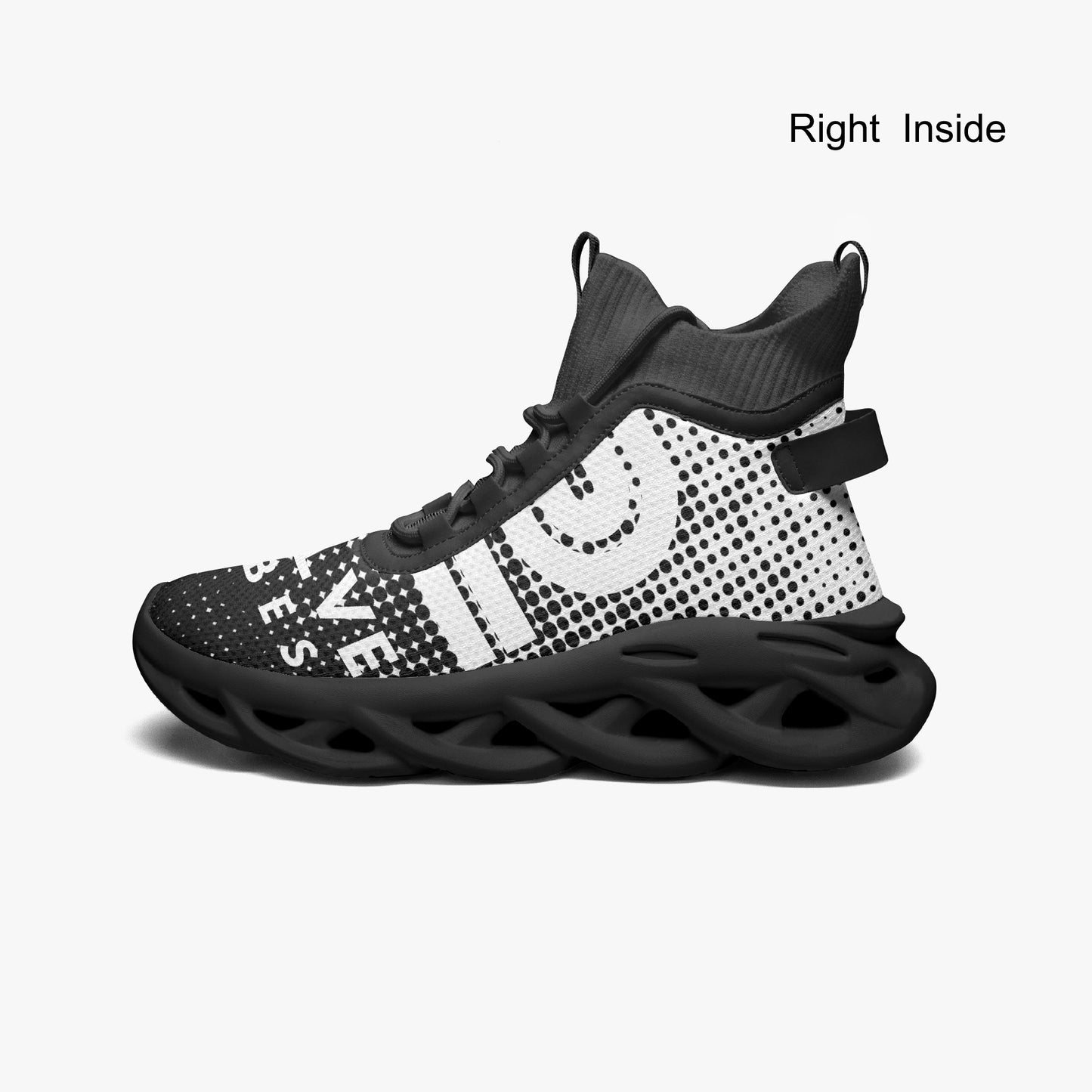 Black and white sneaker with text and design on a white background