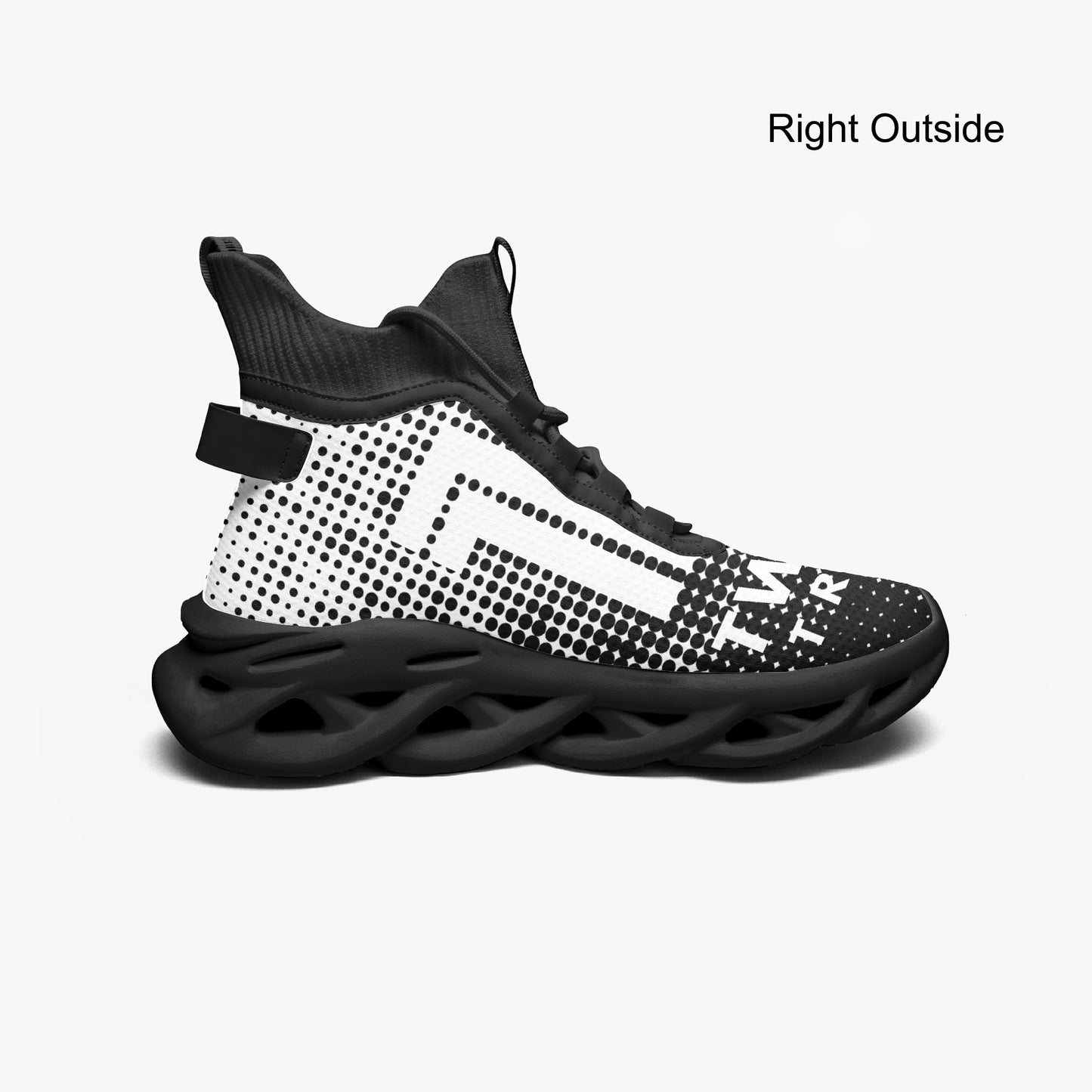 Black and white sneaker with a unique sole design on a white background