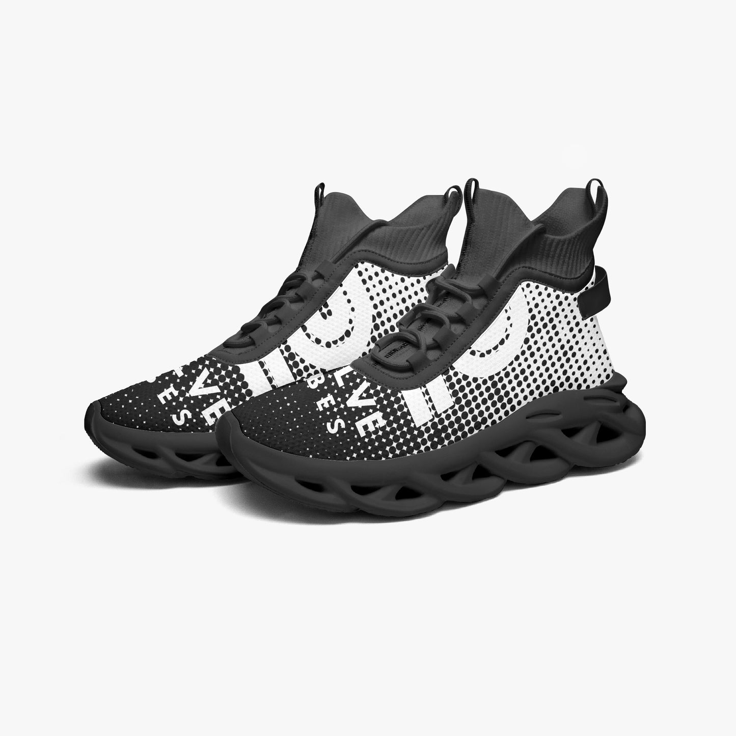 Black and white sneakers with a patterned design on a white background