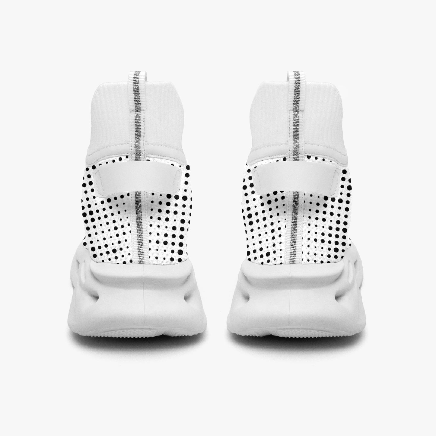 White high-top sneakers with black perforations on a white background
