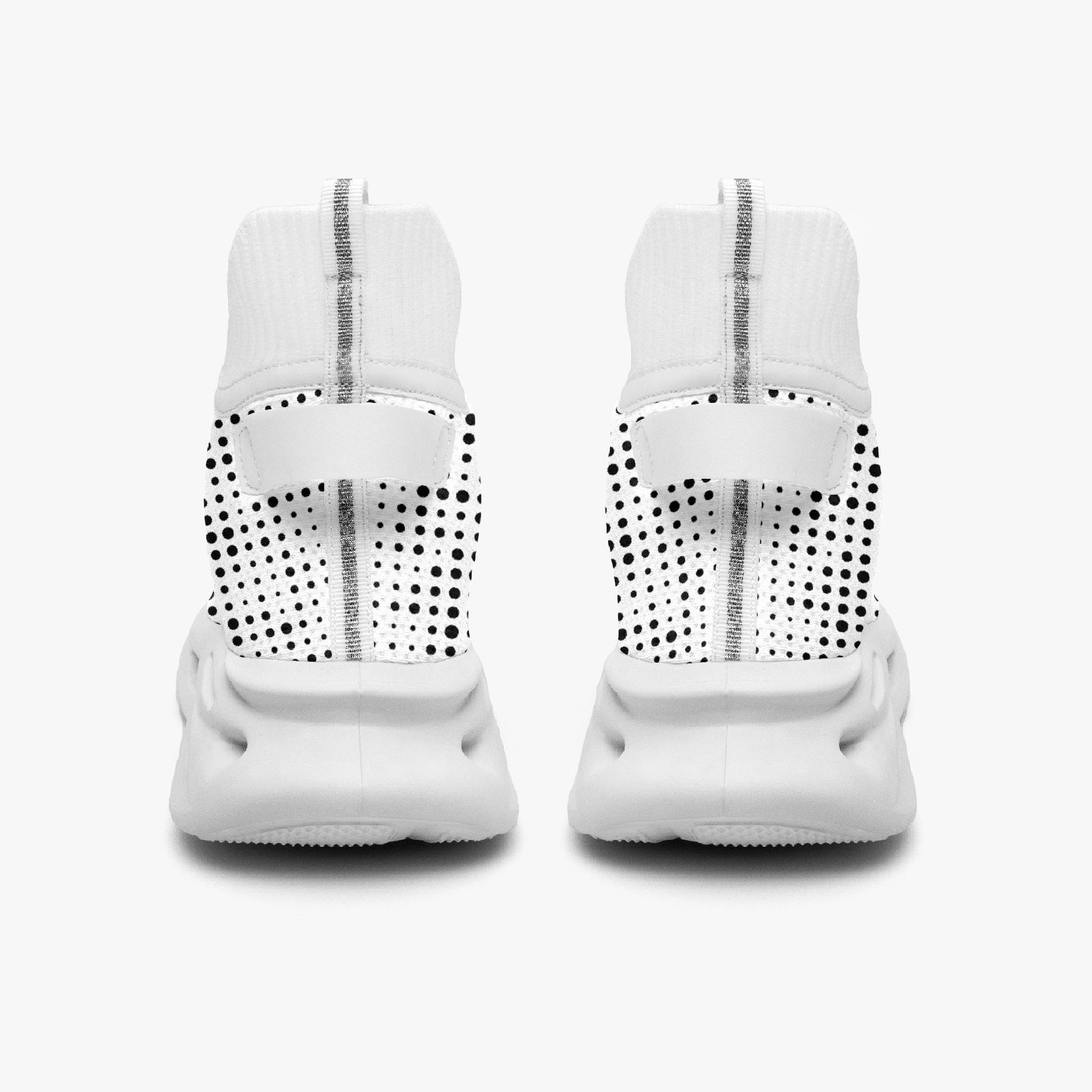White high-top sneakers with black perforations on a white background