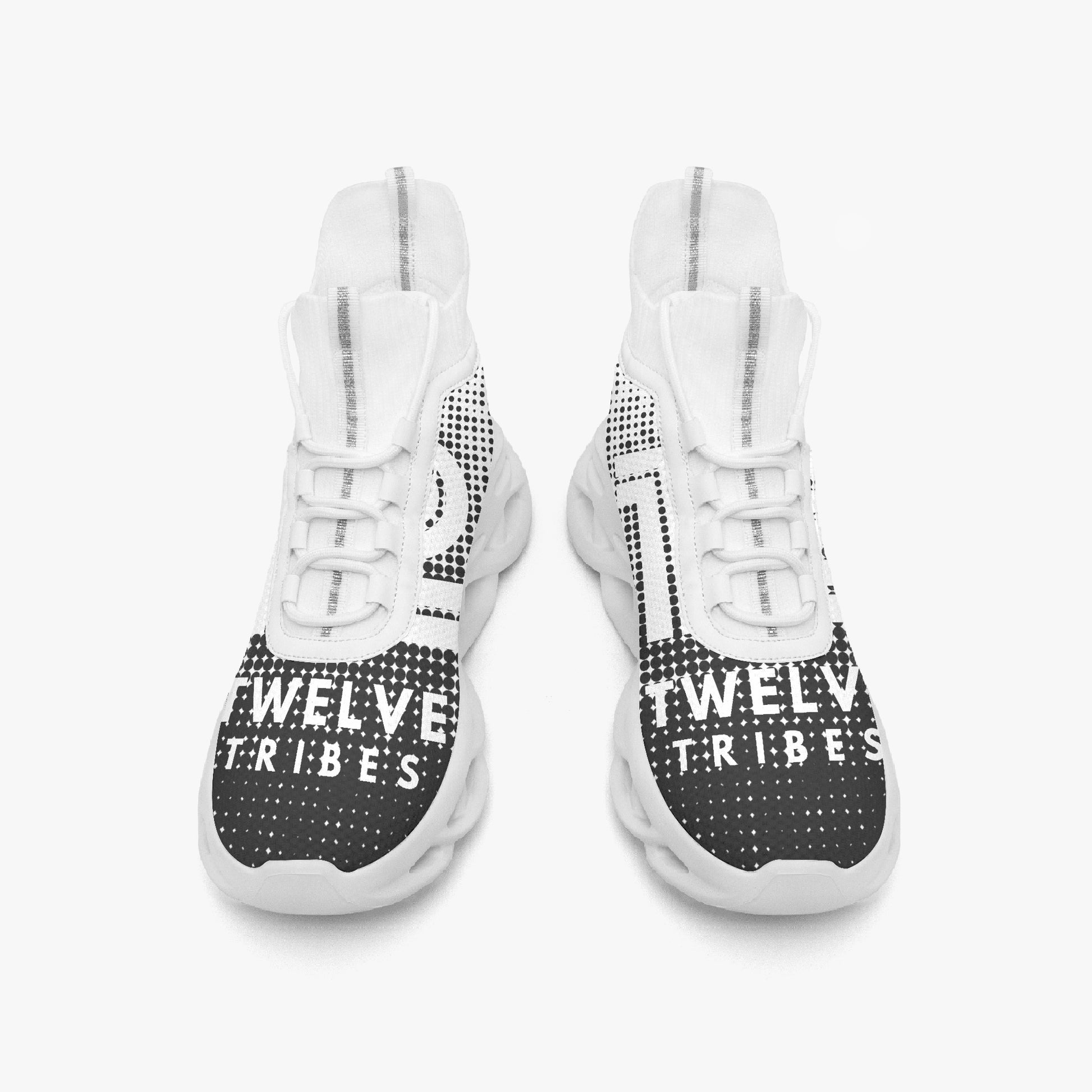 White sneakers with black pattern and 'TWELVE TRIBES' text on a white background