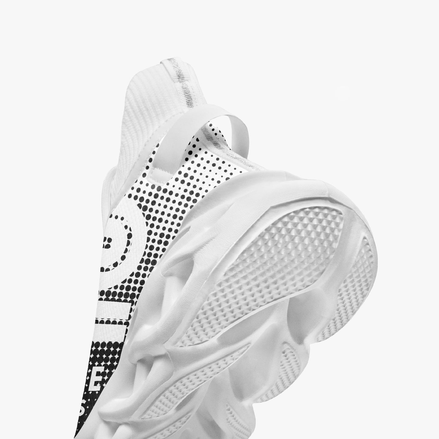 White sneaker with black pattern on a white background