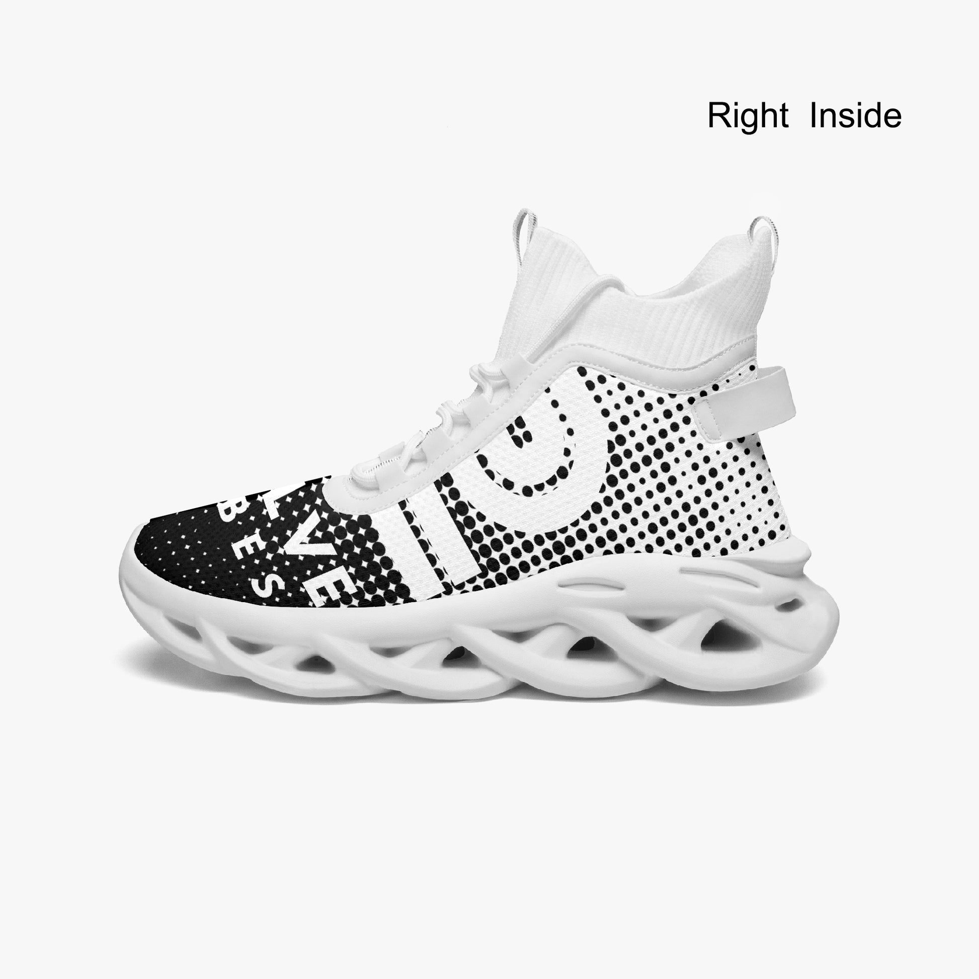 White sneaker with black pattern on a white background