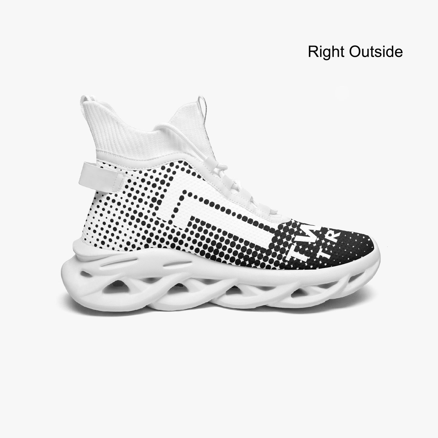 White and black sneaker with a unique design on a white background