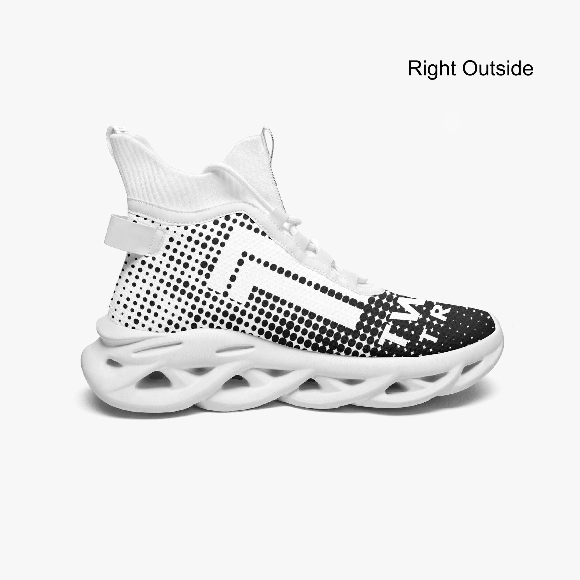 White and black sneaker with a unique design on a white background