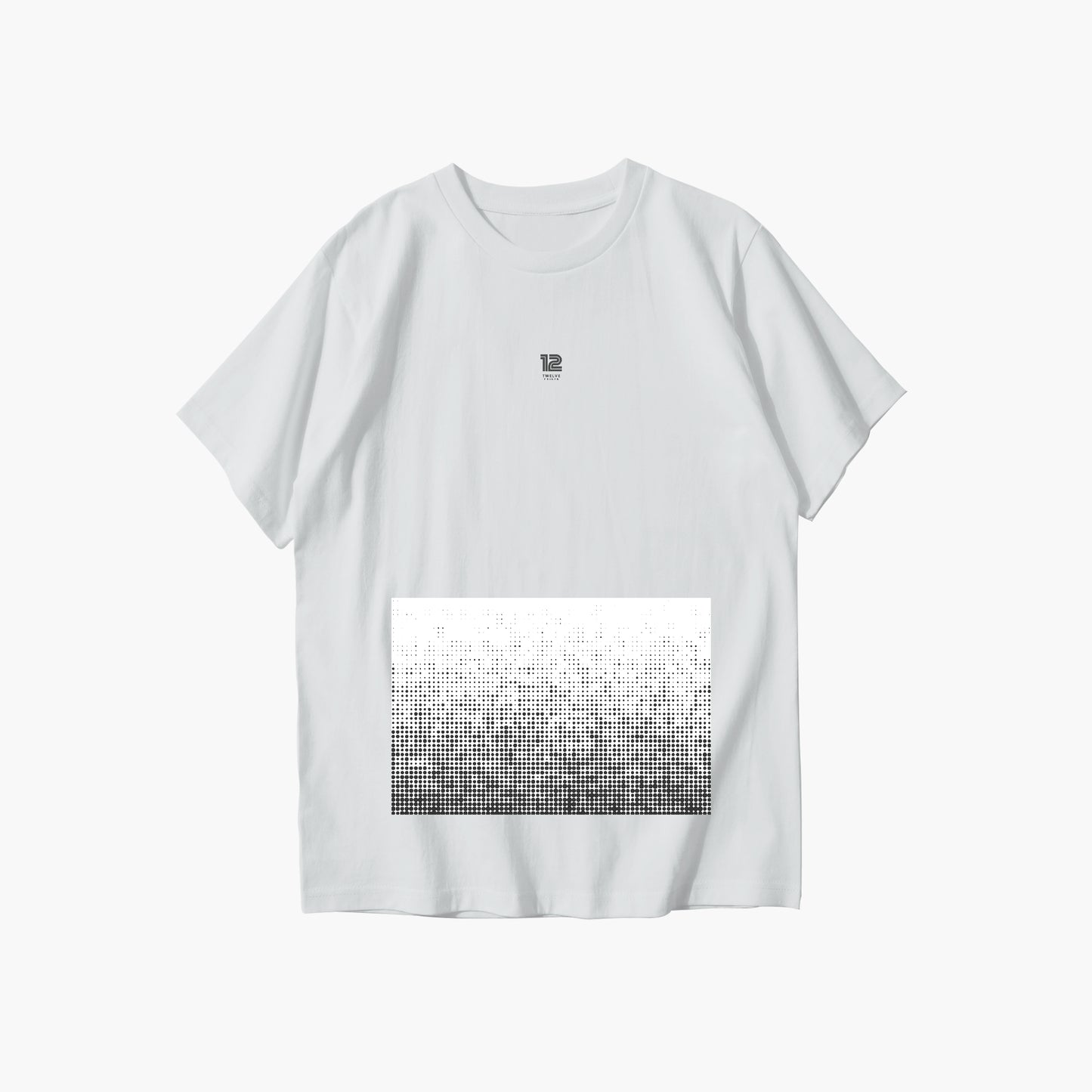 White t-shirt with a black and white pattern on a white background
