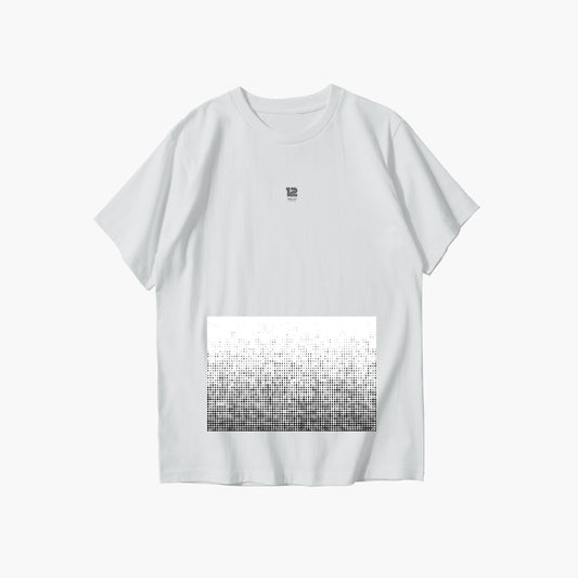 White t-shirt with a black and white pattern on a white background