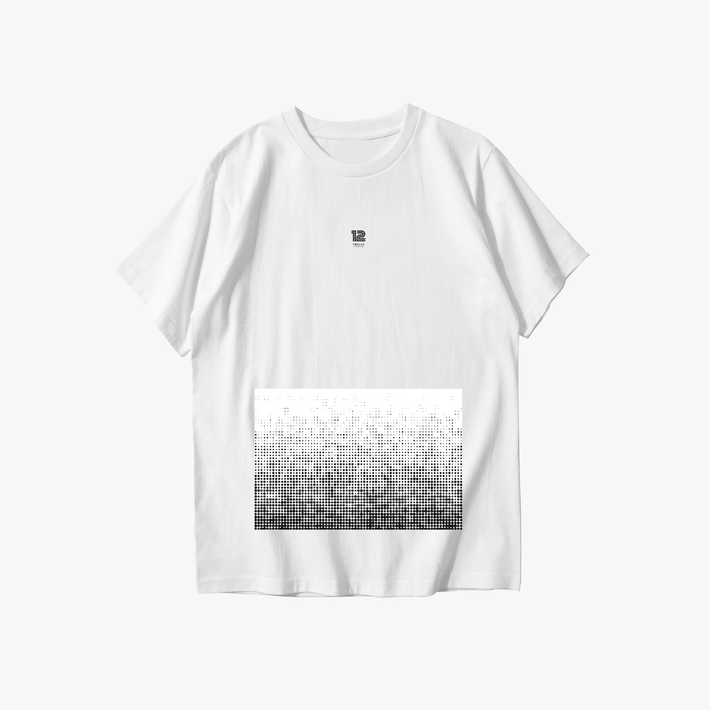 White t-shirt with black and white pattern on a white background