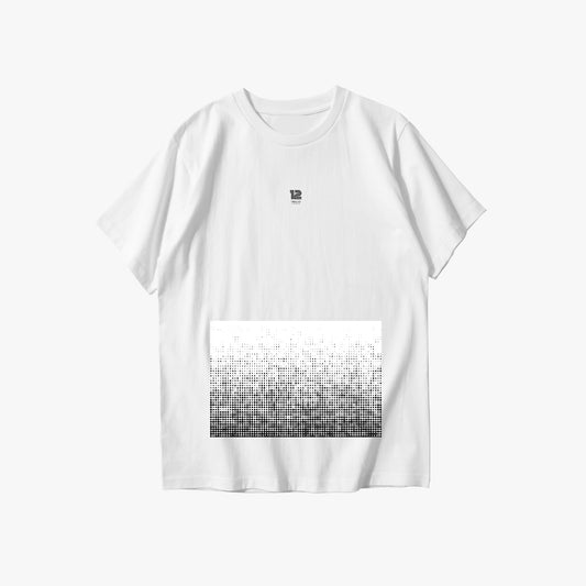 White t-shirt with black and white pattern on a white background