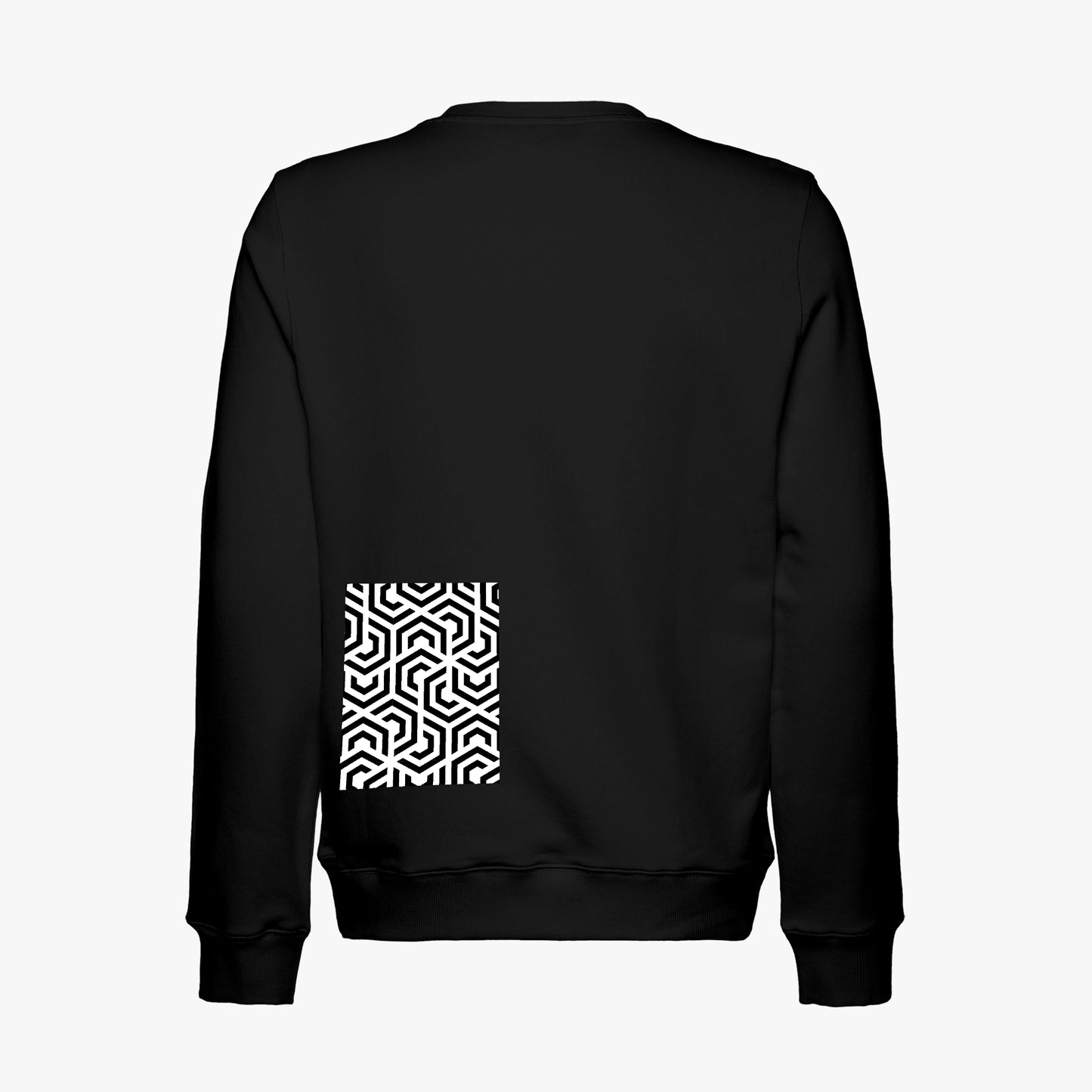 Black sweatshirt with a geometric pattern on the back against a white background