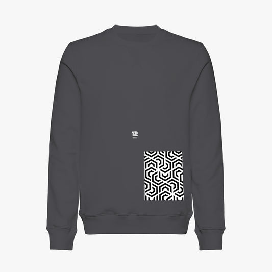 Dark gray sweatshirt with a geometric pattern on the back against a white background