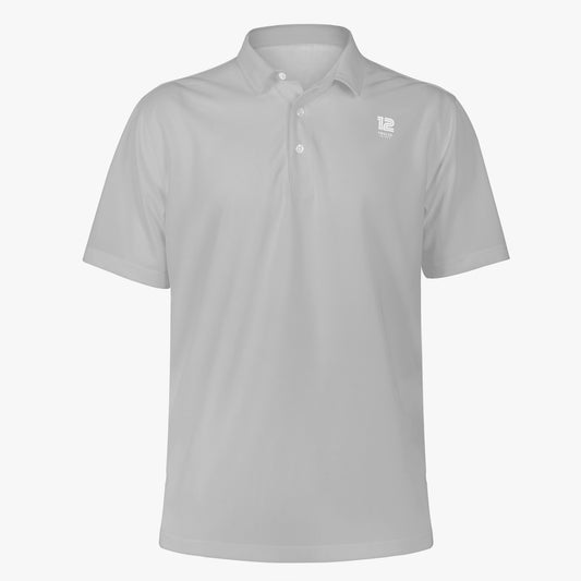 Gray polo shirt with a logo on a white background
