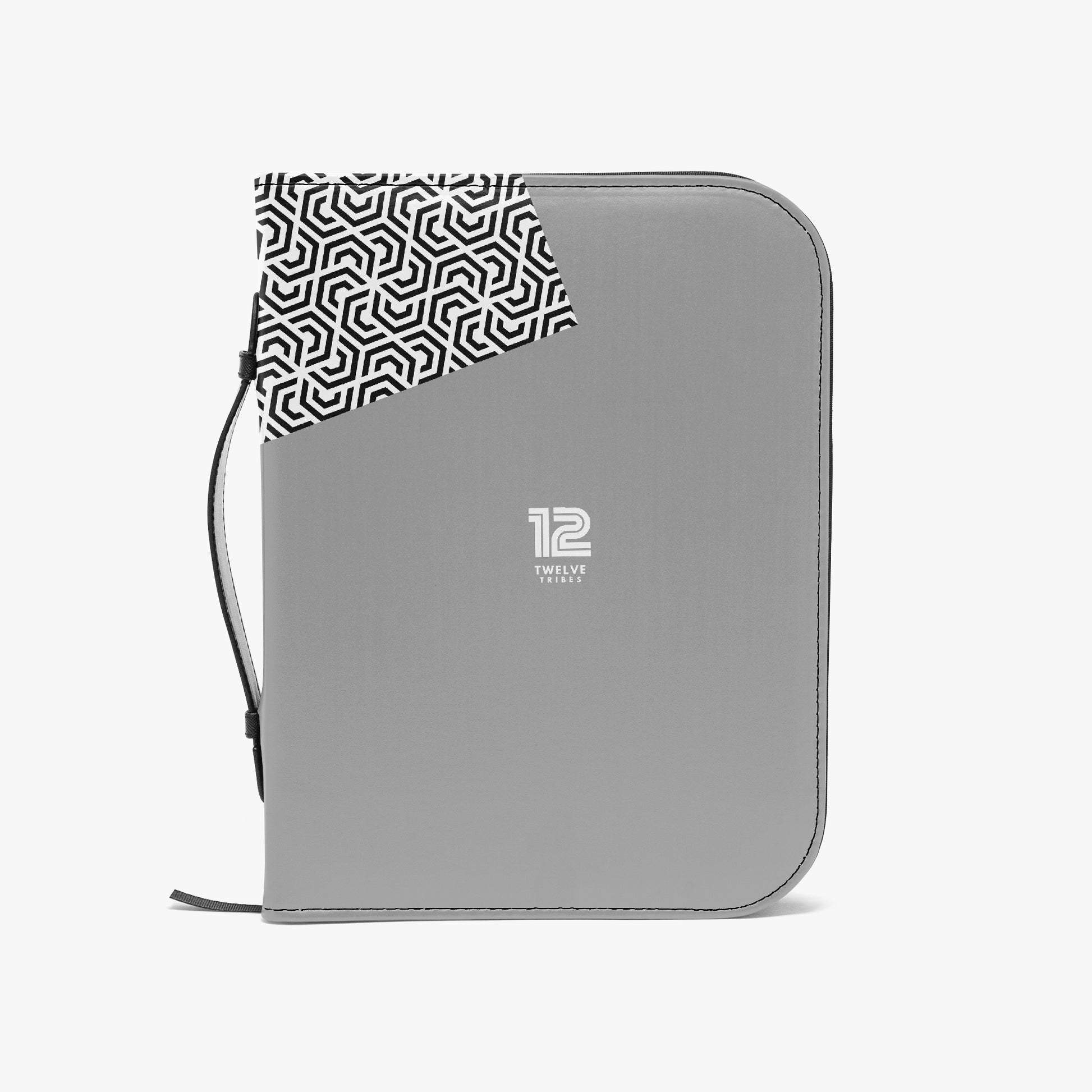 Gray organizer with black and white patterned flap on a white background