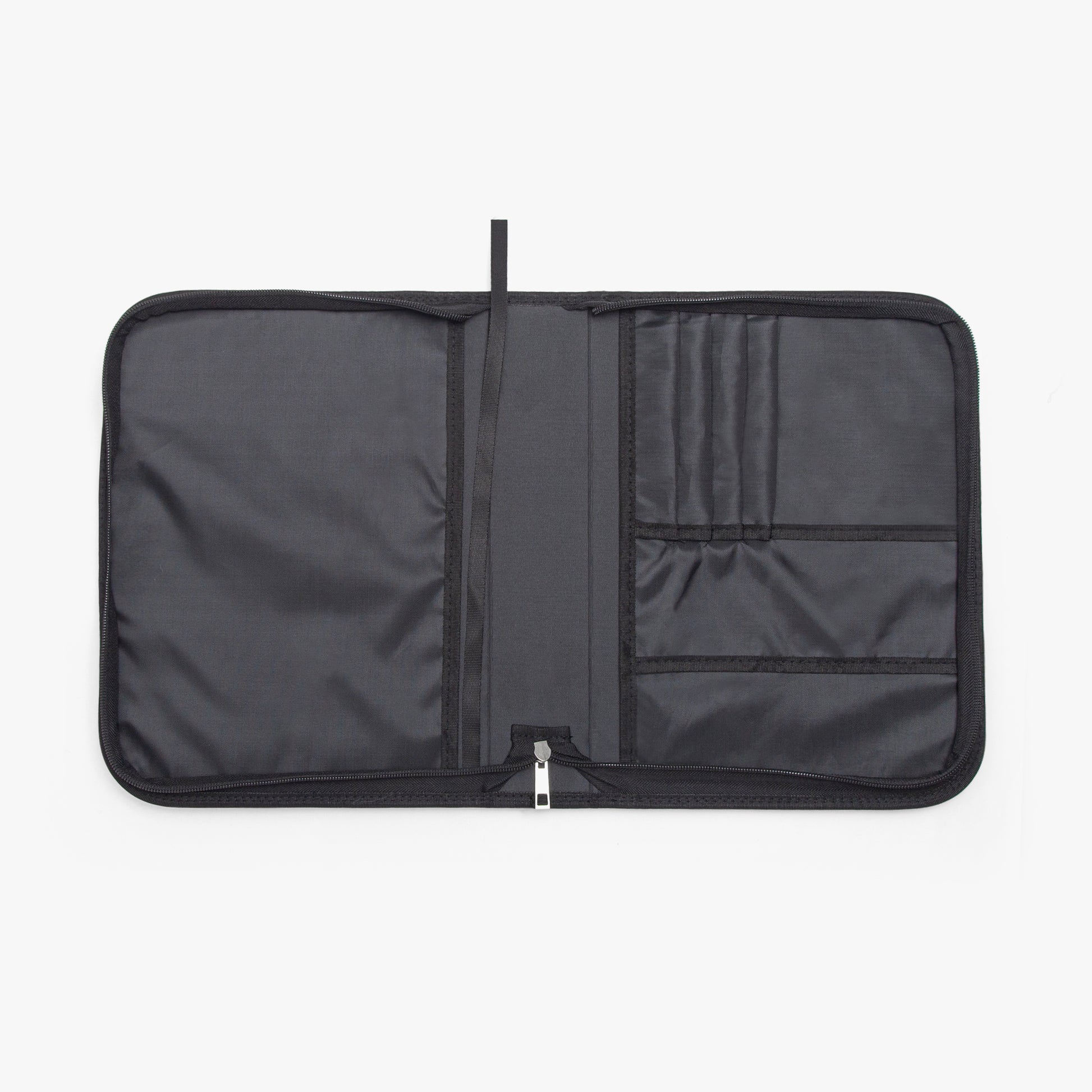 Black zippered pouch on a white background