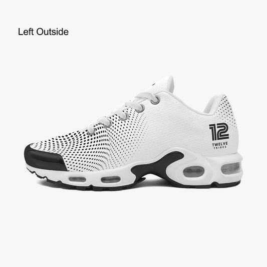 White athletic shoe with black accents on a white background