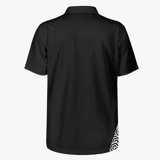 Black short-sleeve shirt with geometric pattern on sleeve against a white background