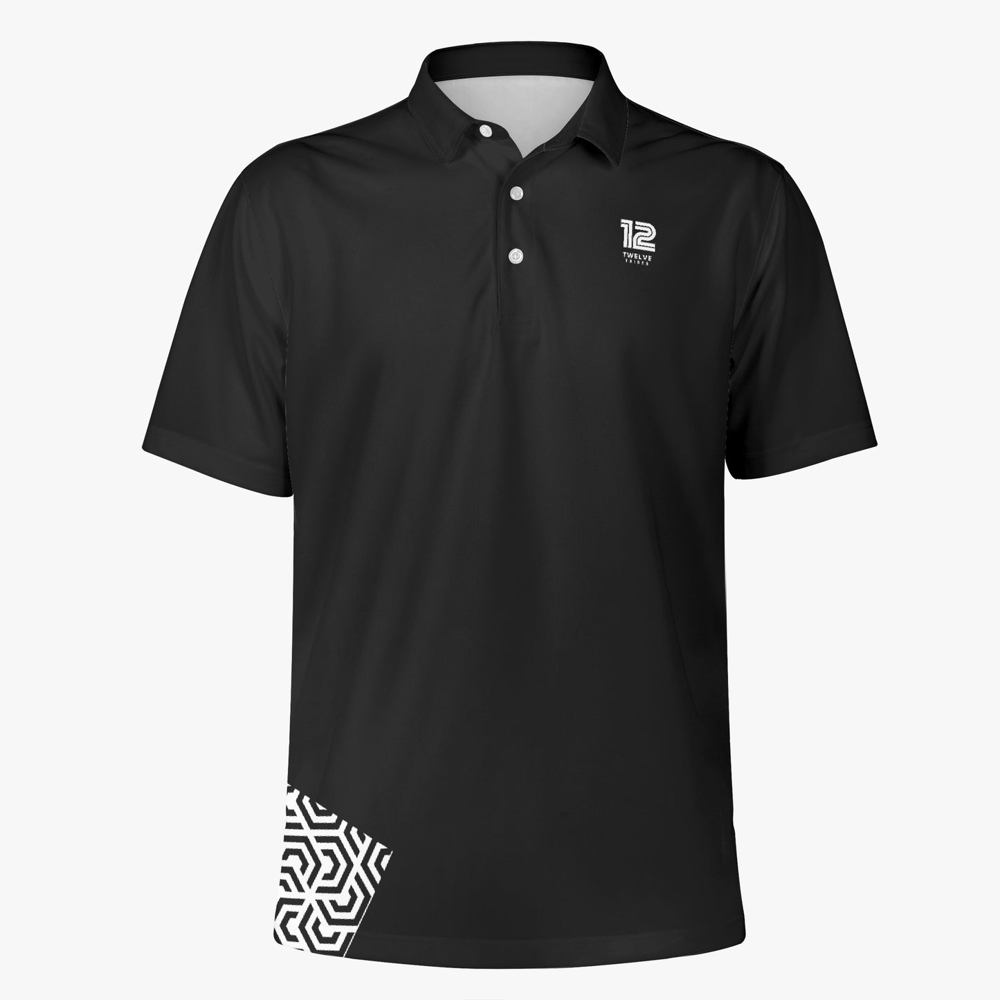 Black polo shirt with geometric pattern on sleeve and logo on chest against a white background