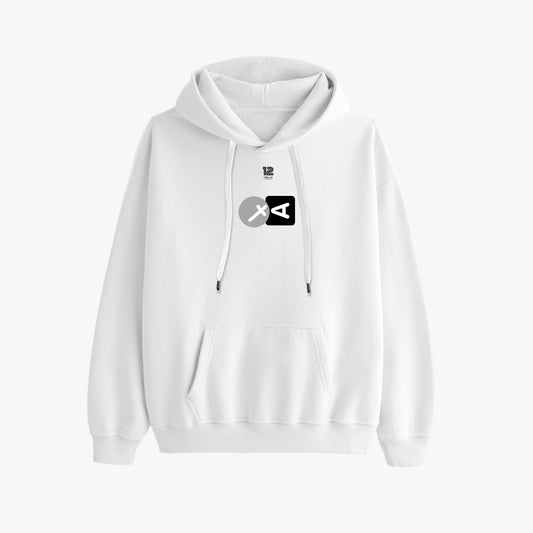 White hoodie with a black logo on a white background
