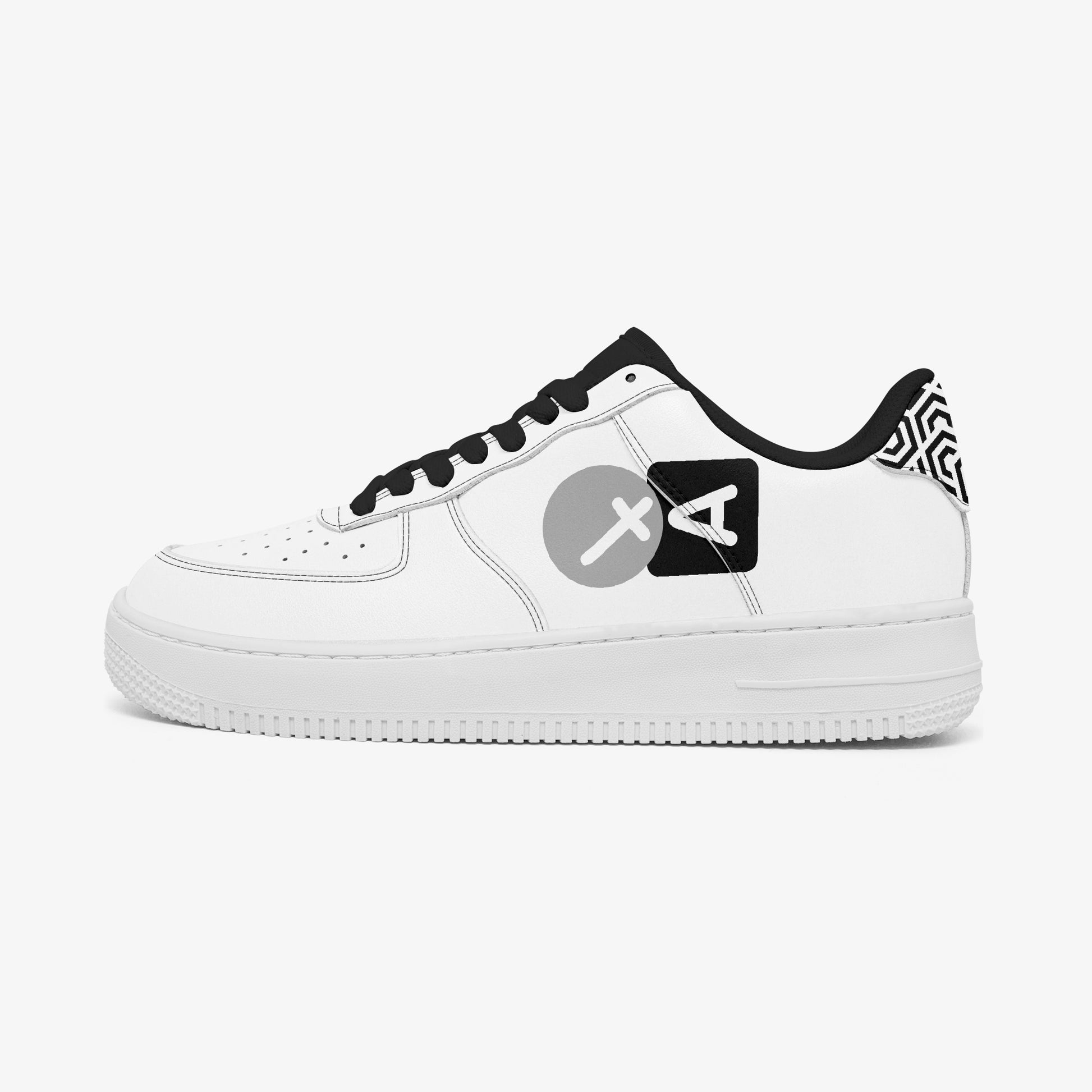 White sneaker with black accents and a logo on a white background