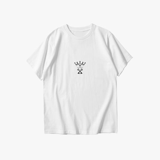 White t-shirt with a black logo on a white background