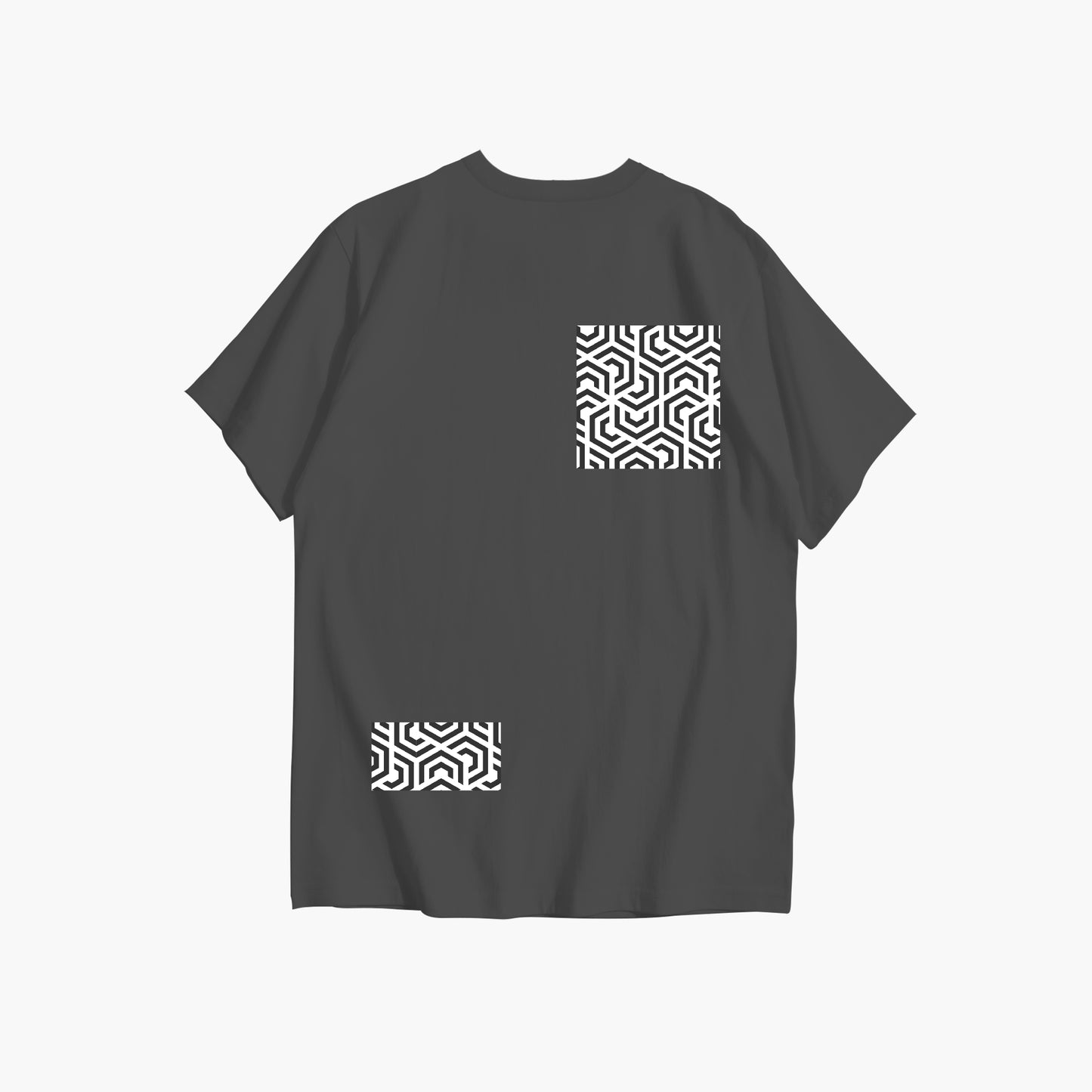 Black t-shirt with geometric pattern on a white background