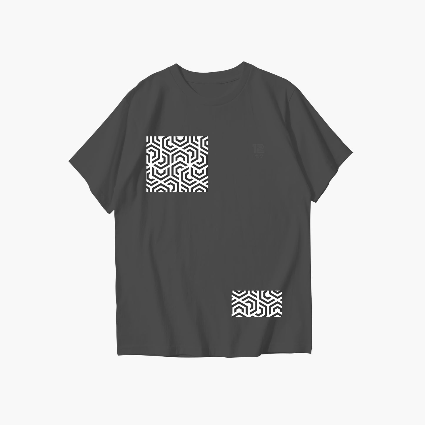 Black t-shirt with geometric pattern on a white background