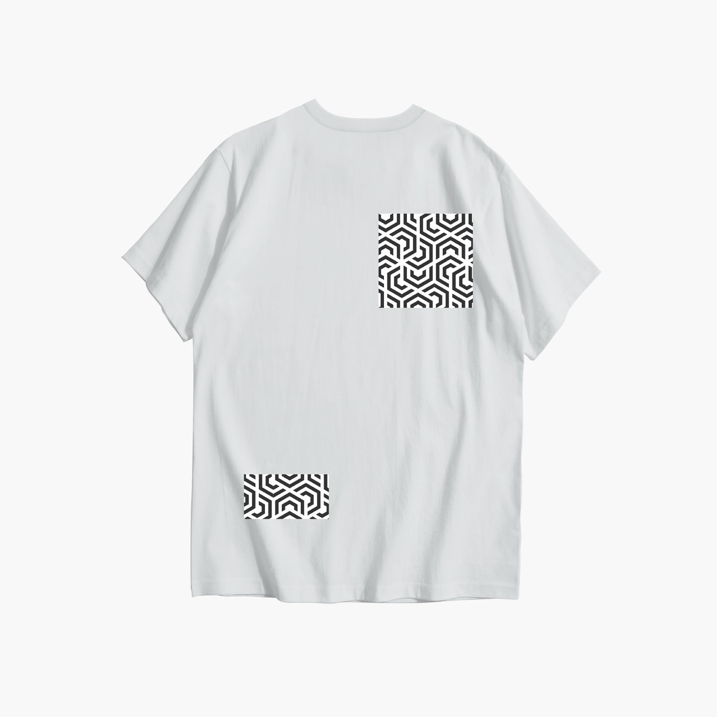 White t-shirt with black geometric patterns on a white background