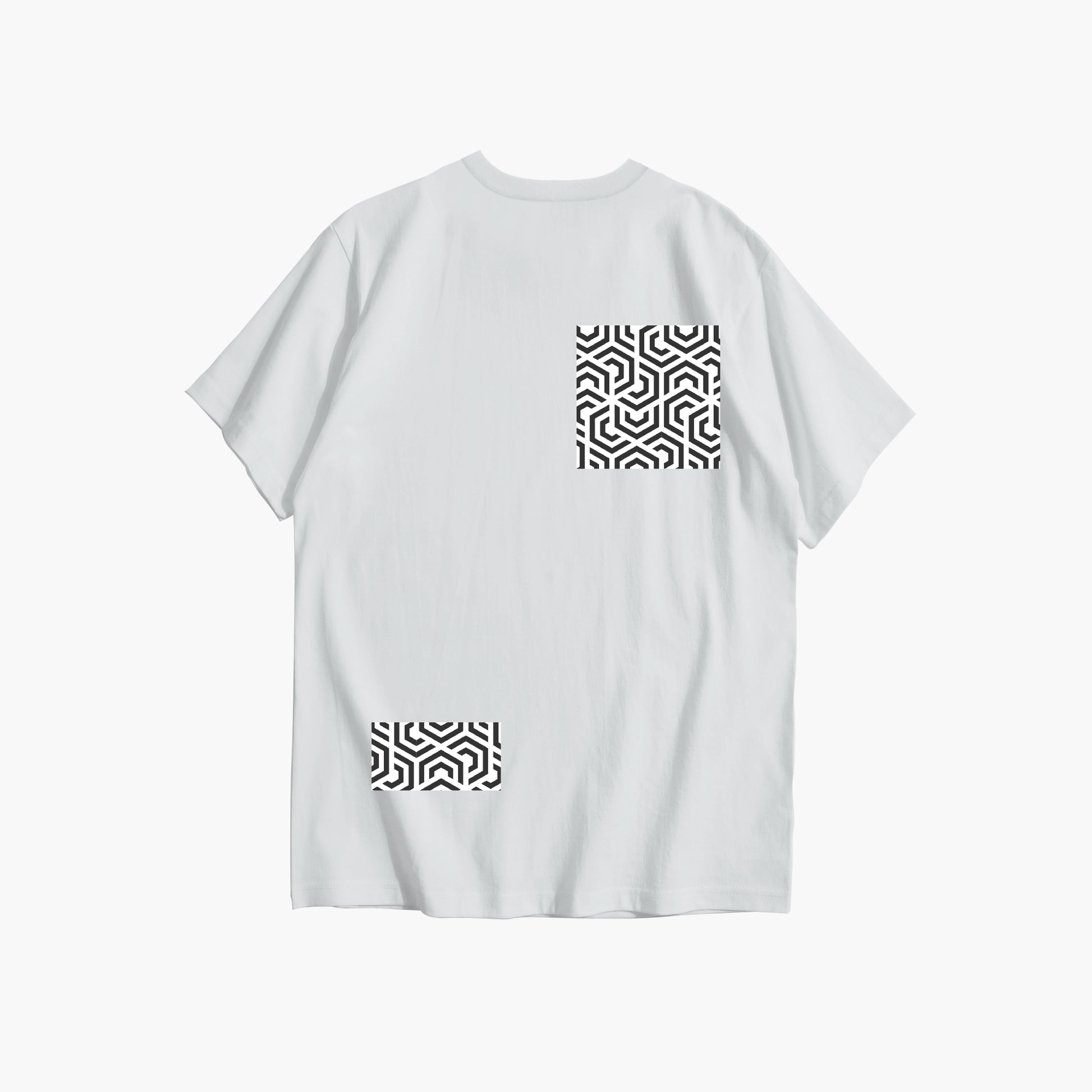 White t-shirt with black geometric patterns on a white background