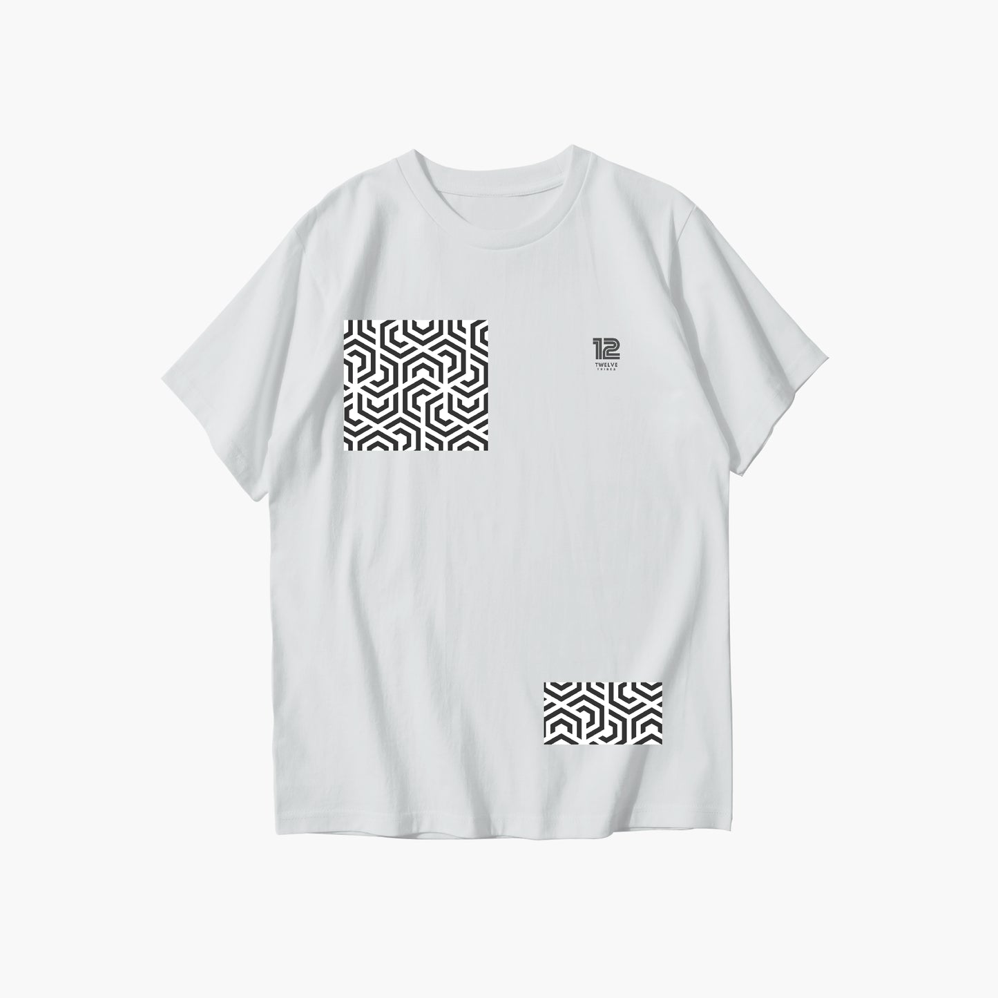 White t-shirt with geometric pattern on a white background