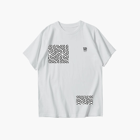 White t-shirt with geometric pattern on a white background