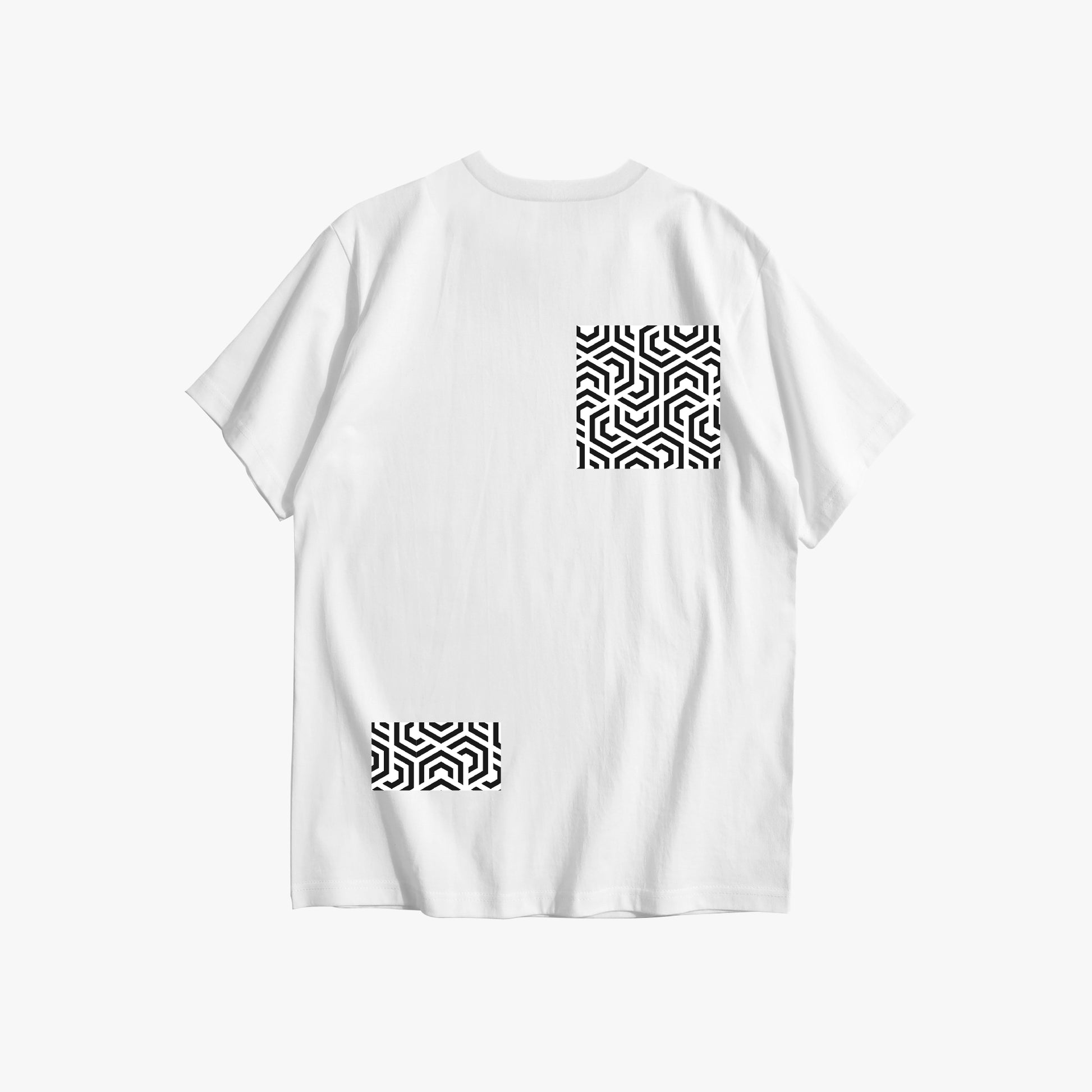 White t-shirt with black geometric patterns on a white background