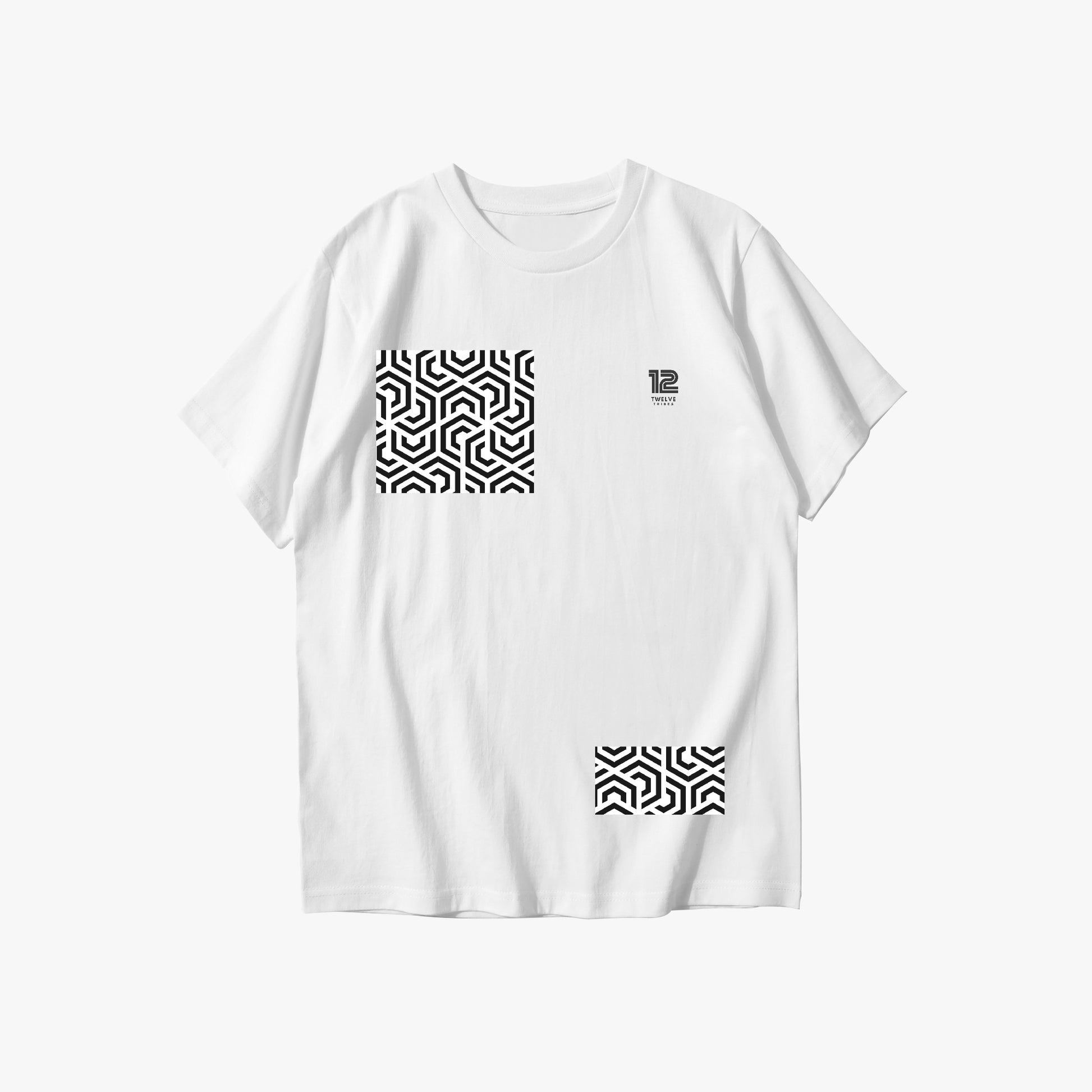 White t-shirt with black geometric patterns on a white background