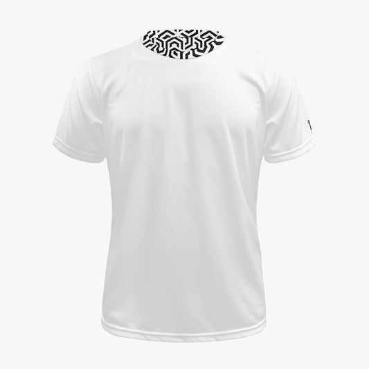 White t-shirt with black geometric pattern on the collar against a white background