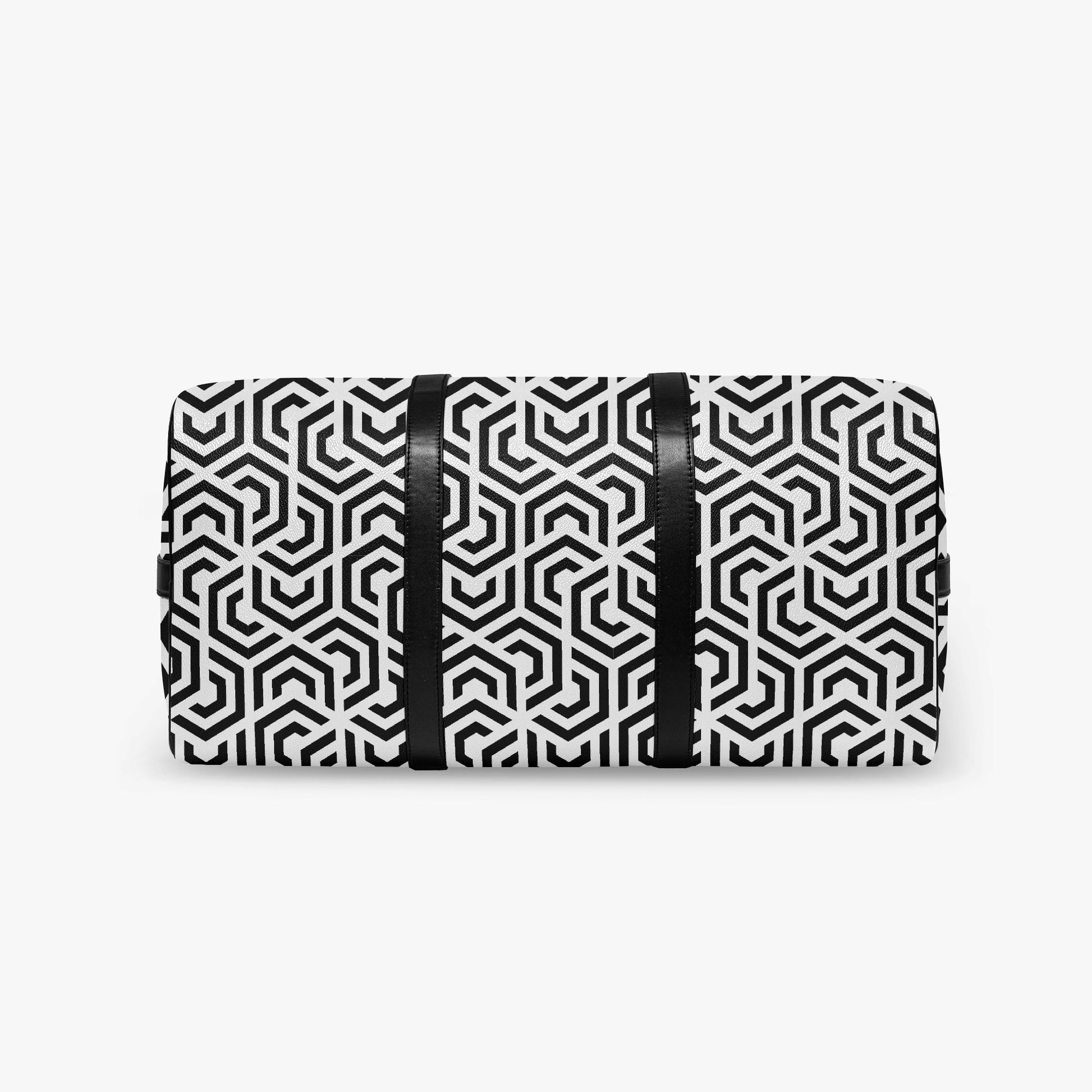 Black and white geometric patterned handbag on a white background