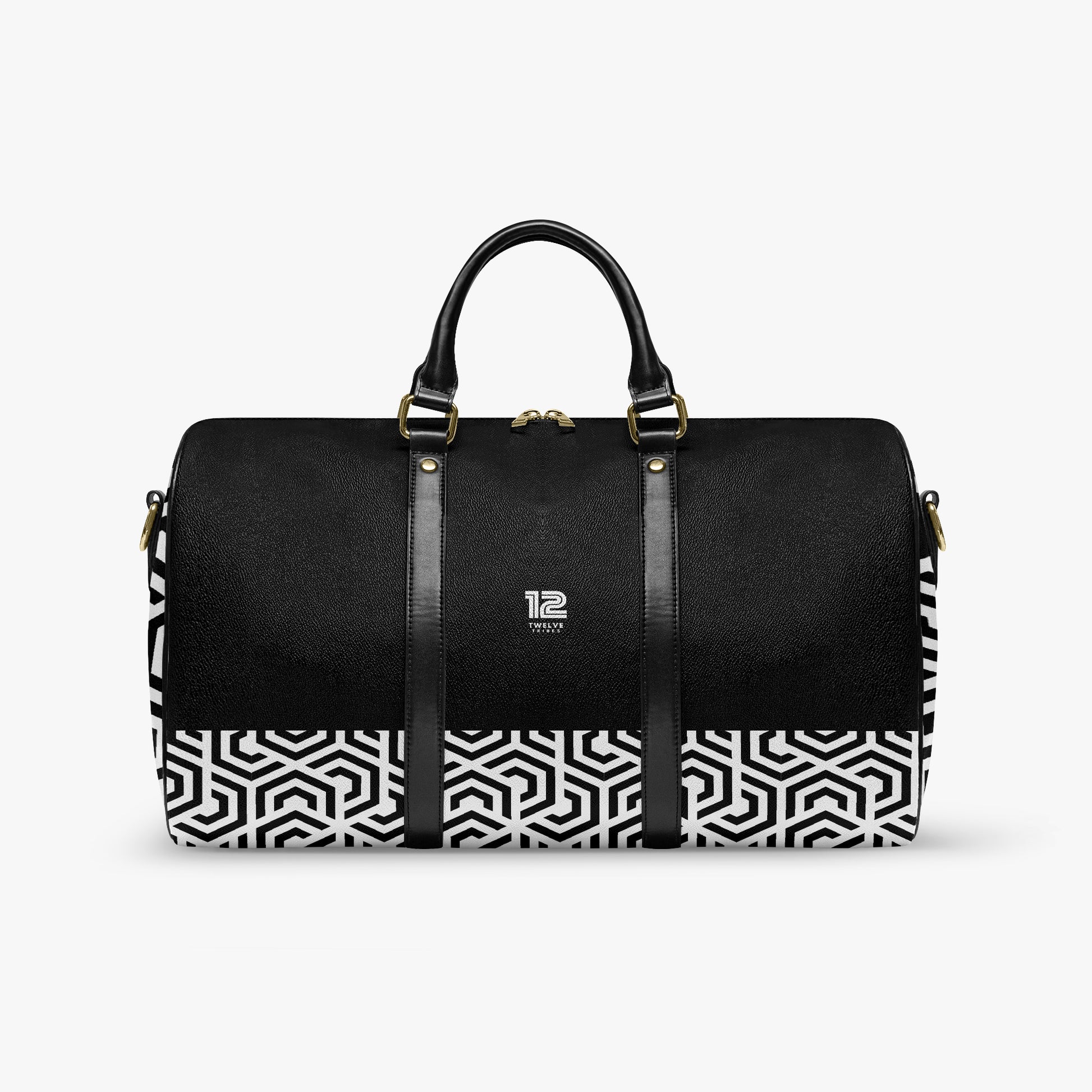 Black duffel bag with geometric pattern and visible 12 Tribes brand logo on a white background