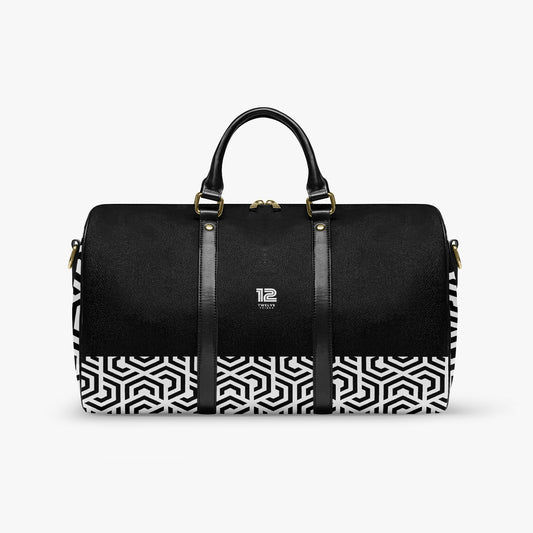 Black duffel bag with geometric pattern and visible 12 Tribes brand logo on a white background