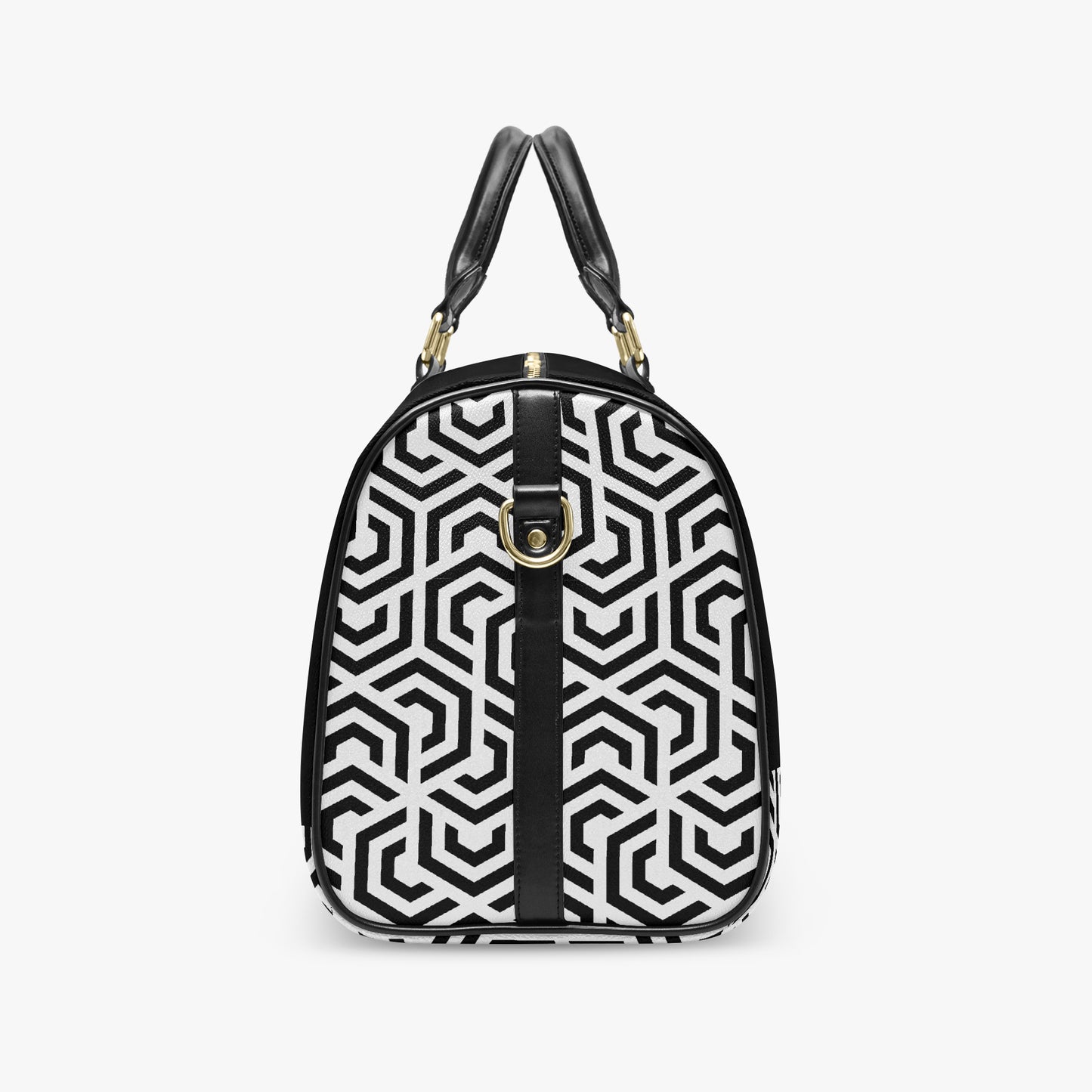 Black and white geometric patterned handbag on a white background