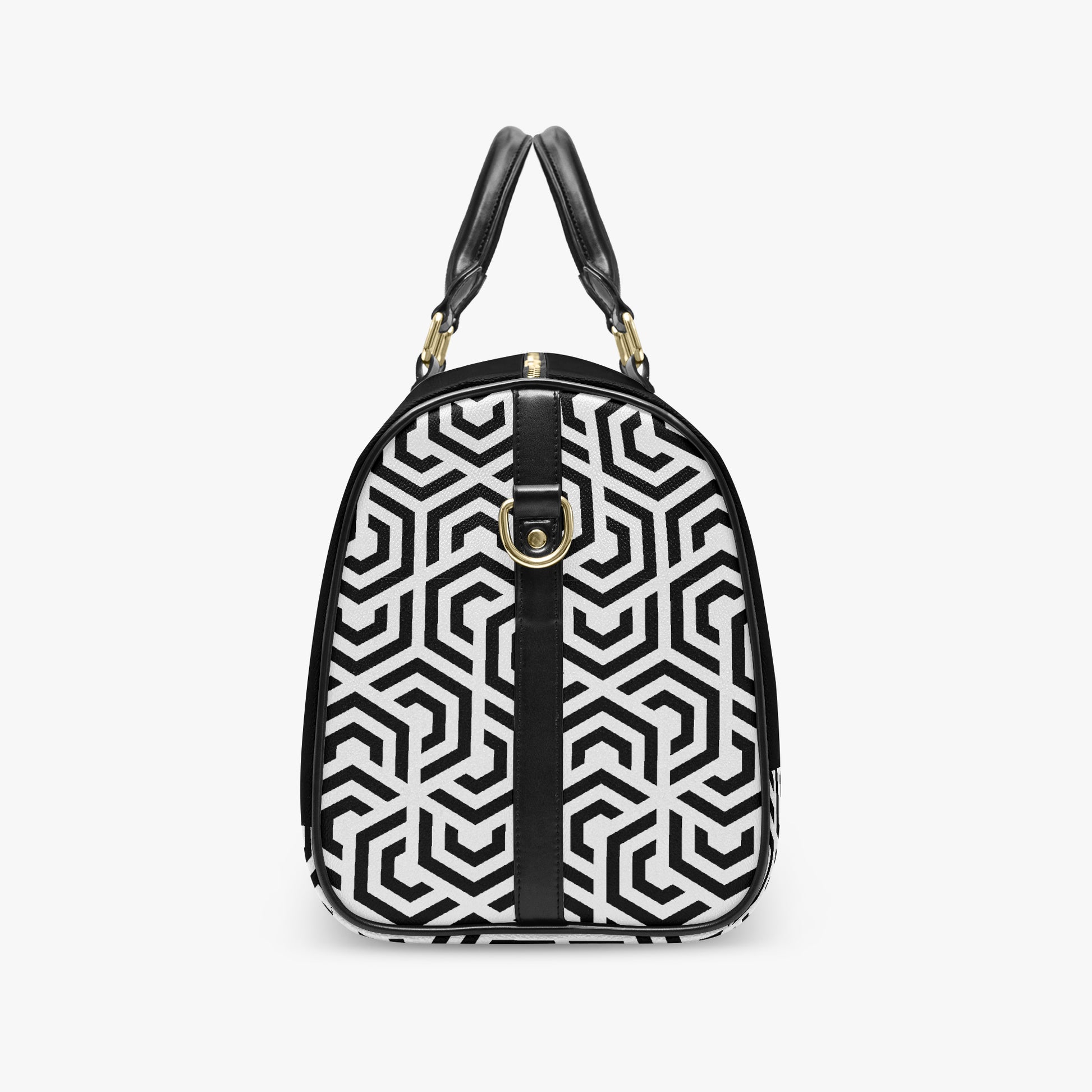 Black and white geometric patterned handbag on a white background